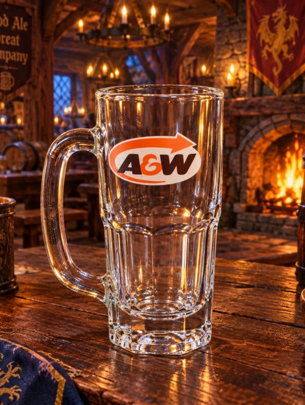 Vintsge A&W Branded Clear Glass Beer Mug with Orange Logo